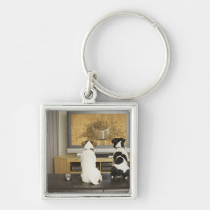 Dogs watching dog dish with food on TV Key Ring