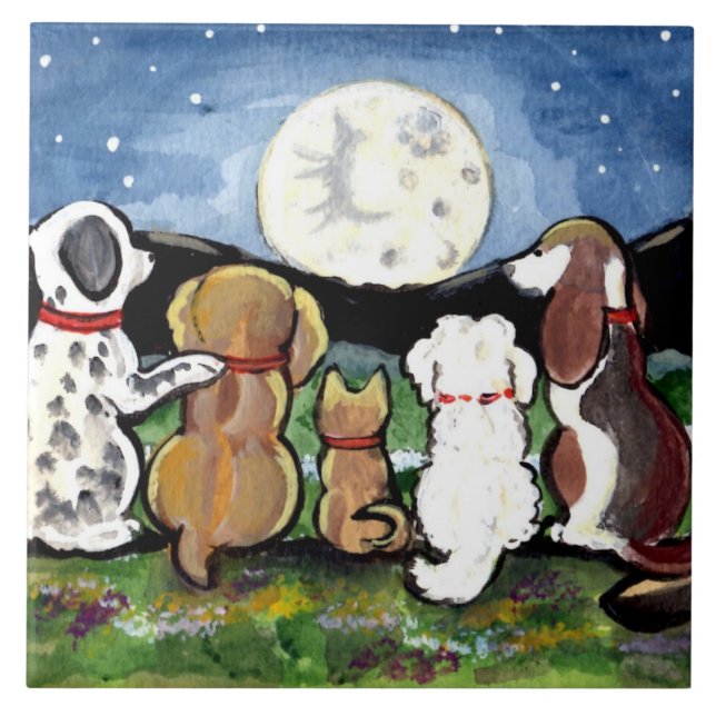 Dogs Watching Moon Dark Blue 6" Tile Trivet (Front)