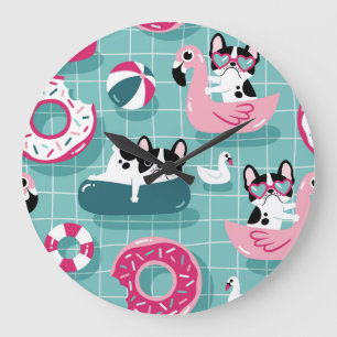 Dogs with pool floats, vintage pattern. large clock