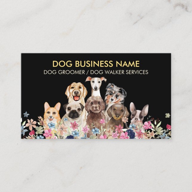 Dogs with Watercolor Flowers Business Card (Front)