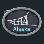 Dogsled Oval Belt Buckle<br><div class="desc">A white silhouette of a dogsled on a starfield background. Text reading "Alaska" appears in glowing blue and white.</div>