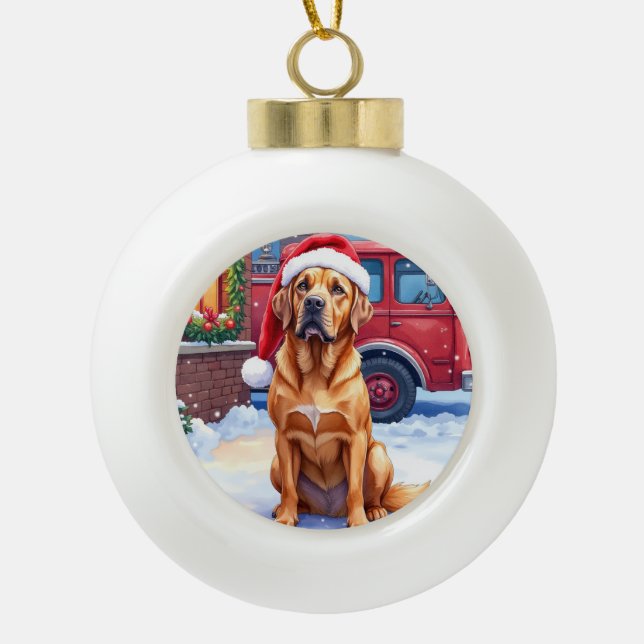Dogue de Bordeaux Firefighter Station Santa Hat Ceramic Ball Christmas Ornament (Front)