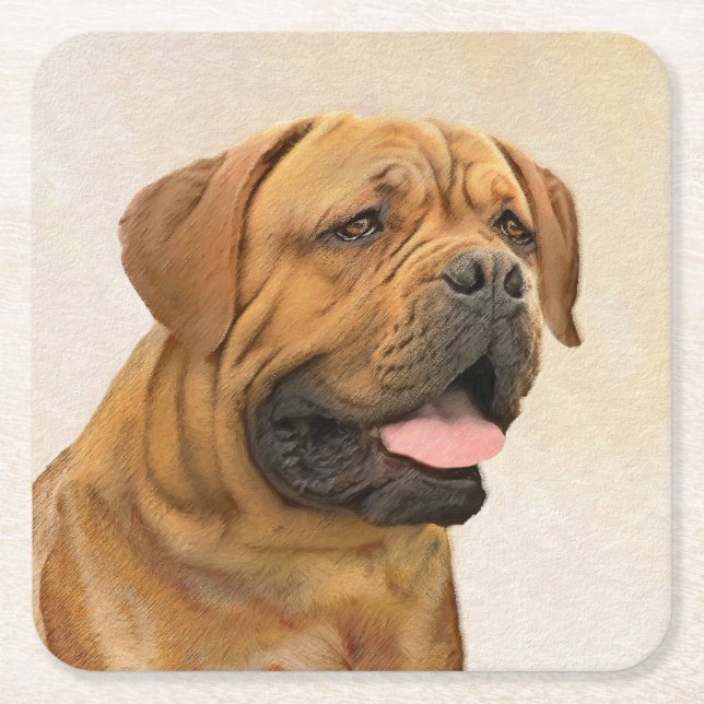 Dogue de Bordeaux Painting - Cute Original Dog Art Square Paper Coaster (Front)