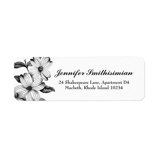 Dogwood Flowers Return Address Label in B&W (Front)