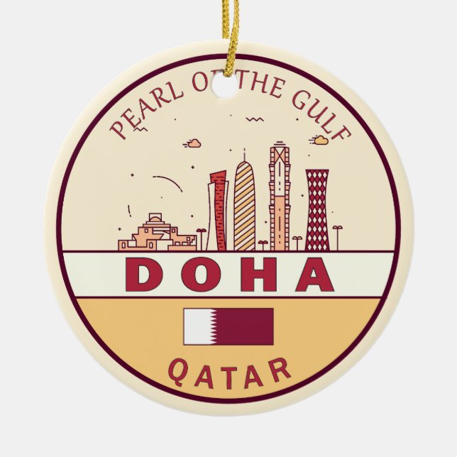 Doha Qatar City Skyline Emblem Ceramic Tree Decoration (Front)