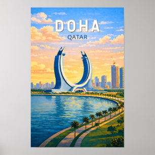Doha Qatar Illustration Travel Art Vintage Poster