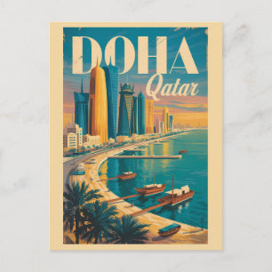 Doha Qatar Skyline Illustration Travel Art Vintage Postcard
