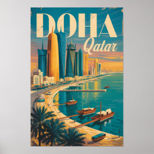 Doha Qatar Skyline Illustration Travel Art Vintage Poster
