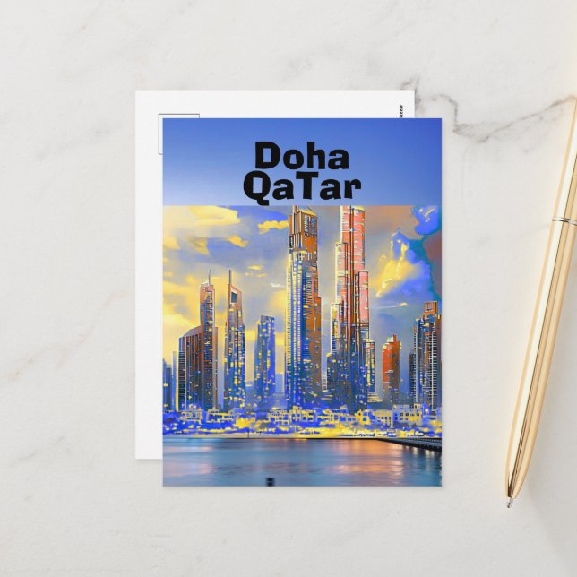 Doha Travel Postcard Art, Doha Skyline, Doha Qatar (Front/Back In Situ)