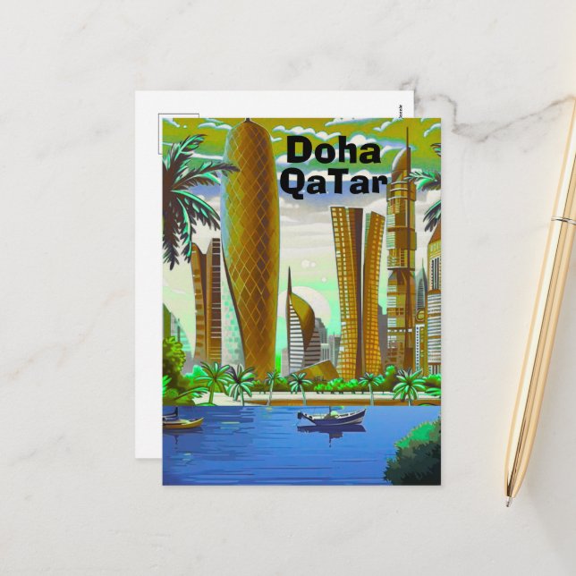 Doha Travel Postcard Art, Doha Skyline, Doha Qatar (Front/Back In Situ)