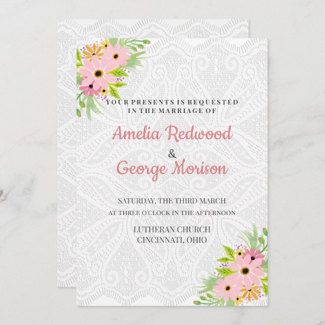 Doily And Watercolor Flowers Wedding Invitation (Front/Back)