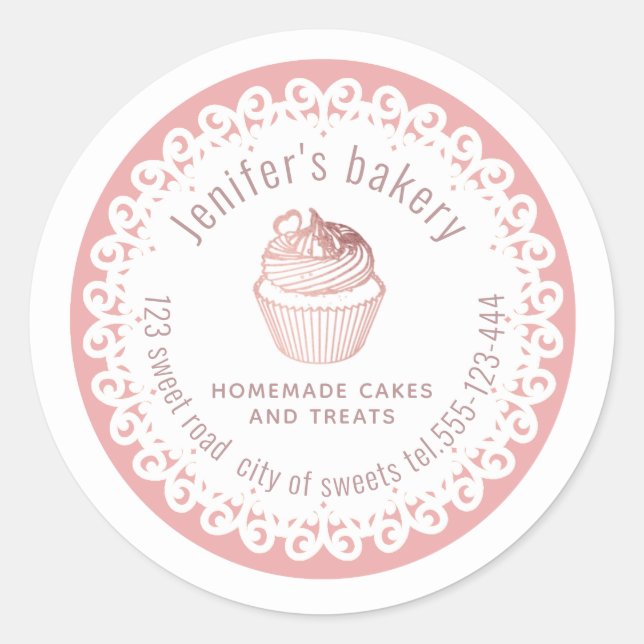 Doily lace rose gold Homemade cupcakes and treats Classic Round Sticker (Front)