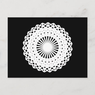 Doily. White lace circle. On Black. Postcard