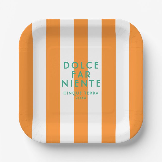 Dolce Far Niente Cinque Terra Orange Cabana Stripe Paper Plate (Front)