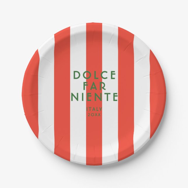 Dolce Far Niente Italy Red Cabana Stripes Party Paper Plate (Front)