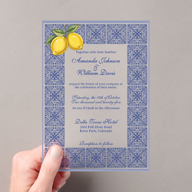 Dolce Vita - Italian Tiles and Lemons Wedding Acrylic Invitations (Insitu (Handheld))