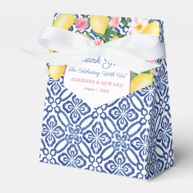 Dolce Vita Lemons Pink Flowers Wedding Favour Box (Front Side)