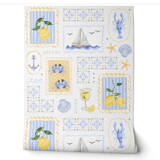Dolce Vita Mediterranean Tile Lemon Coastal Wallpaper (Unrolling)
