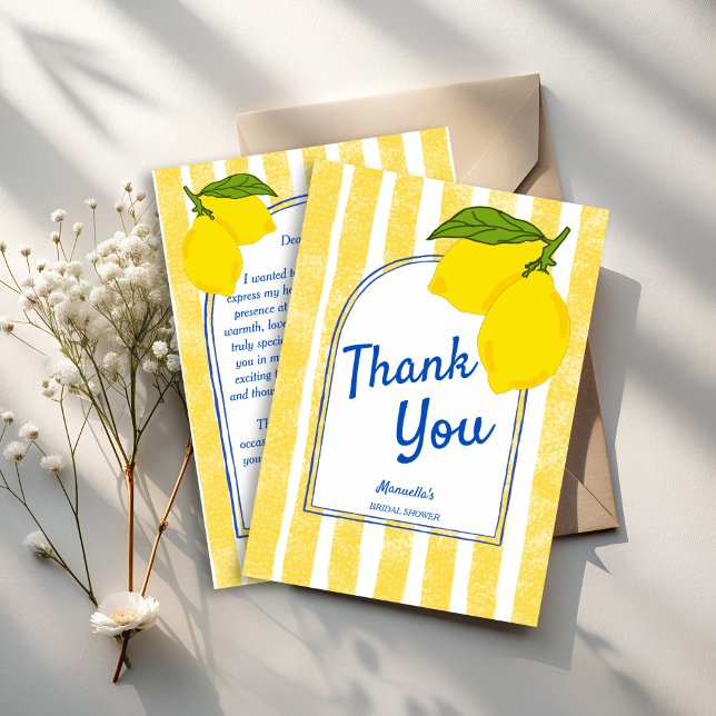Dolce vita yellow Lemons Italian bridal shower Thank You Card (Dolce vita handrawn yellow stripes Lemons Italian bridal shower Thank You Cards)