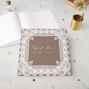 Doliy Lace Elegant Taupe Wedding Guest Book