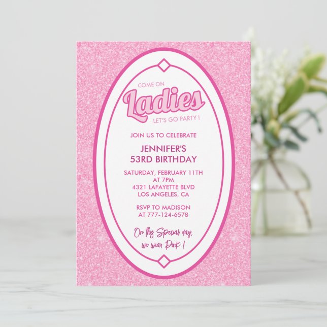 Doll Blush Pink Glitter 53rd birthday invitation  (Standing Front)