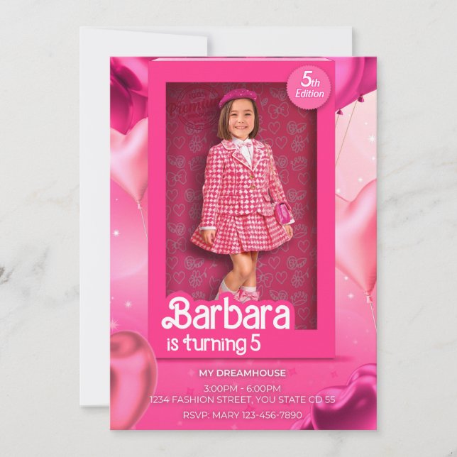 Doll Box Birthday Invitation - Barbie-Inspired Pin (Front)