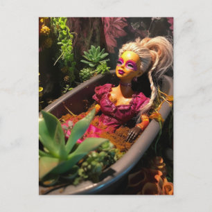 Doll in a Bathtub of Plants Fun Garden Art Postcard