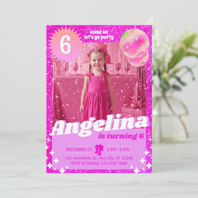 Doll Pink Gilter Invitation Birthday Party (Standing Front)