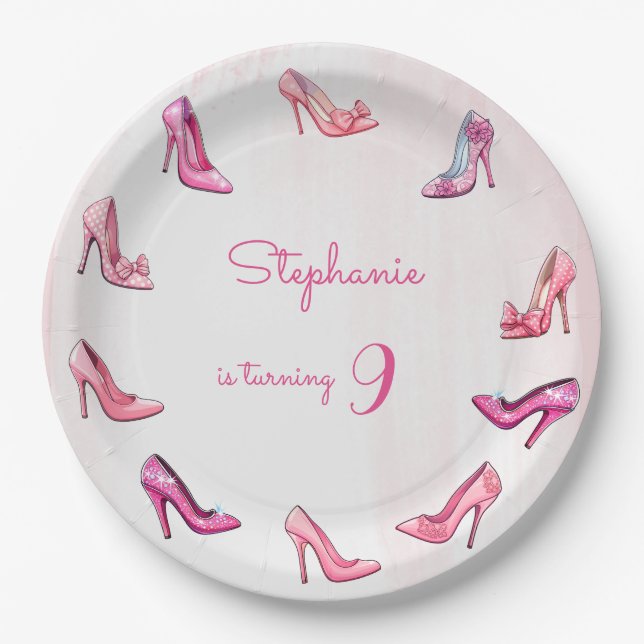 Doll pink high heel shoes girl birthday party paper plate (Front)