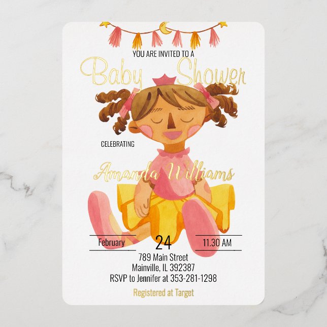 Doll Princess in Ballet Tutu,Gold Foil Invitation (Front)