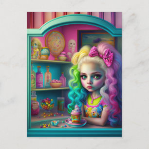 Doll With Colourful Hair in a Sweets Shop Postcard