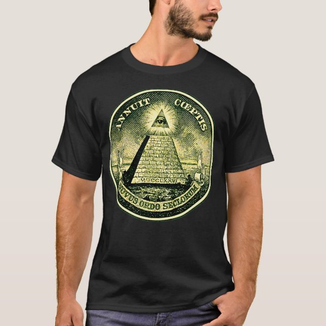 Dollar allseeing eye symbol masonic pyramid triang T-Shirt (Front)