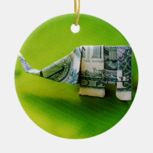 Dollar bill origami Elephant on Green background Ceramic Tree Decoration