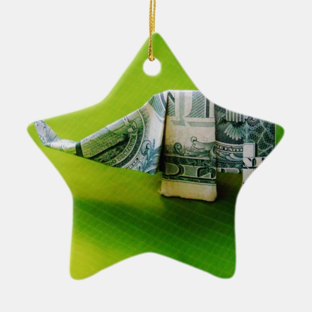 Dollar bill origami Elephant on Green background Ceramic Tree Decoration (Front)