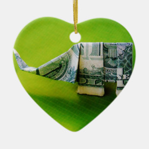 Dollar bill origami Elephant on Green background Ceramic Tree Decoration