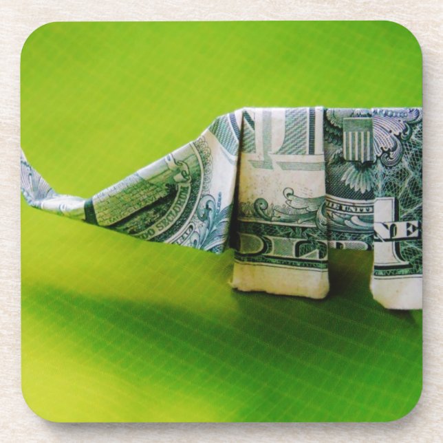 Dollar bill origami Elephant on Green background Coaster (Front)