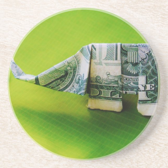 Dollar bill origami Elephant on Green background Coaster (Front)