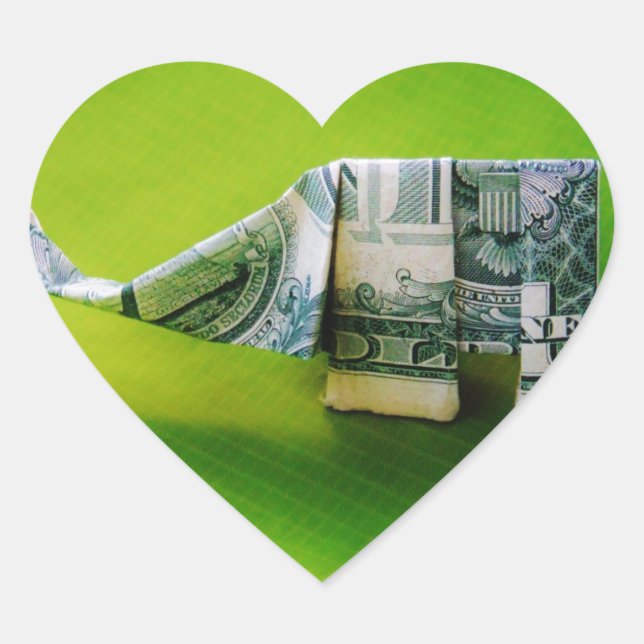 Dollar bill origami Elephant on Green background Heart Sticker (Front)