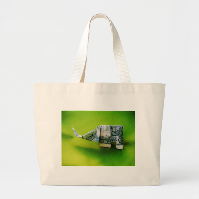 Dollar bill origami Elephant on Green background Large Tote Bag (Front)