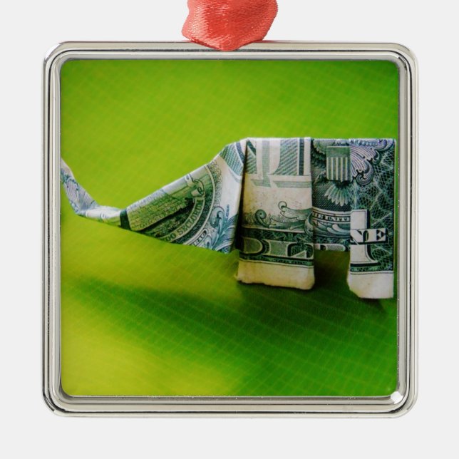 Dollar bill origami Elephant on Green background Metal Tree Decoration (Front)
