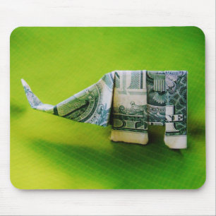 Dollar bill origami Elephant on Green background Mouse Mat