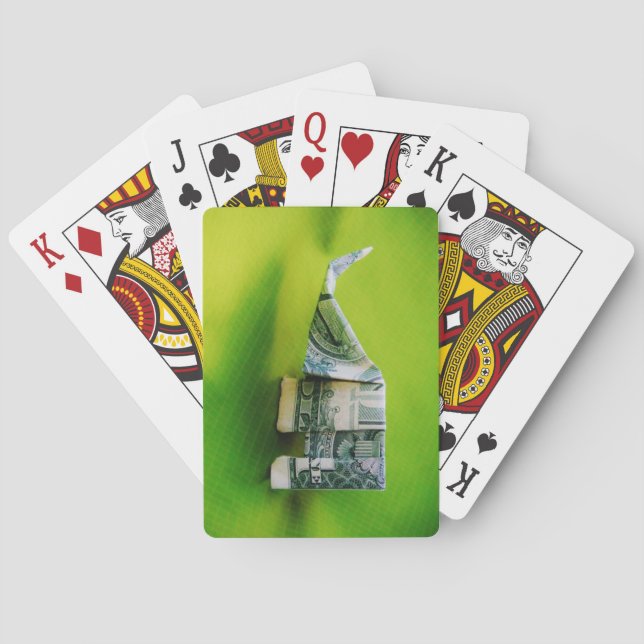 Dollar bill origami Elephant on Green background Playing Cards (Back)