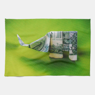 Dollar bill origami Elephant on Green background Tea Towel