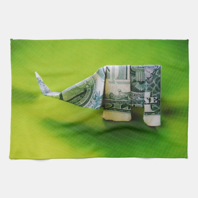 Dollar bill origami Elephant on Green background Tea Towel (Horizontal)