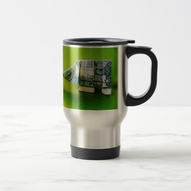 Dollar bill origami Elephant on Green background Travel Mug (Right)