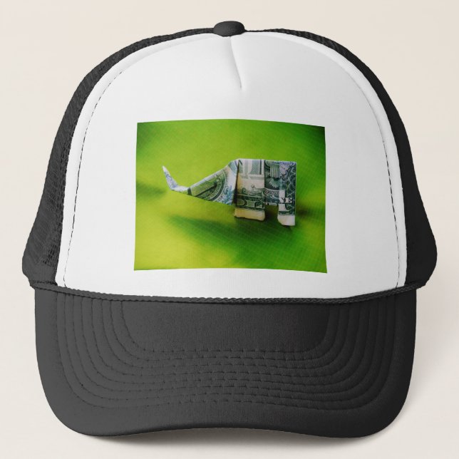 Dollar bill origami Elephant on Green background Trucker Hat (Front)