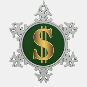 Dollar sign snowflake pewter christmas ornament