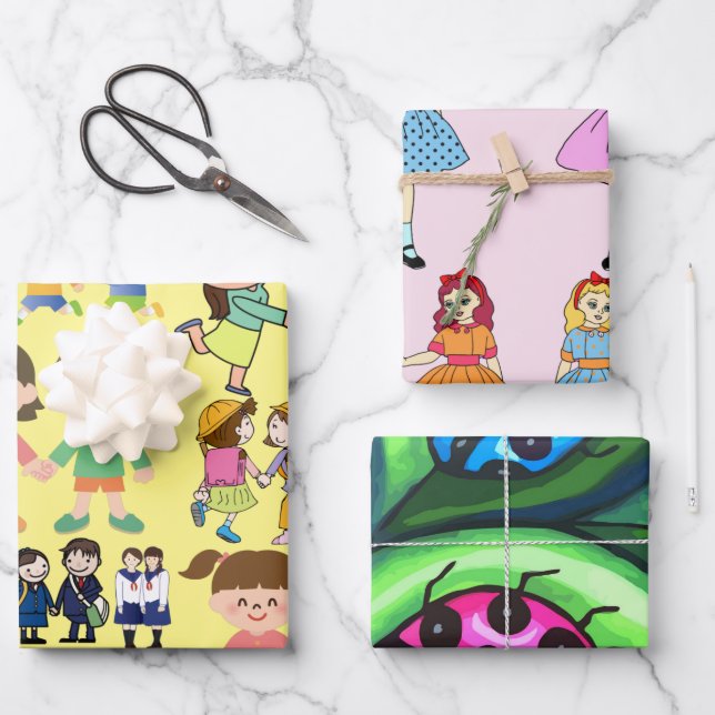 dolls children bff lady bugs cartoon art wrapping paper sheet (Front)