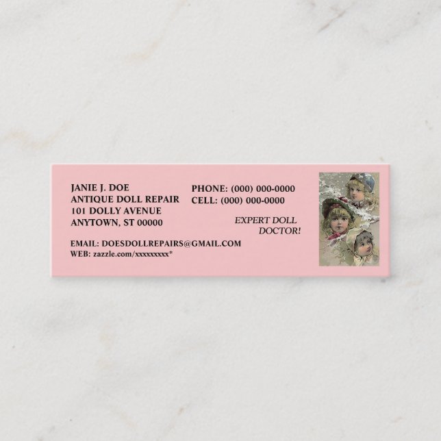DOLLS DOLL BUSINESS CONTACT INFO  ~ BOOKMARK CARD (Front)