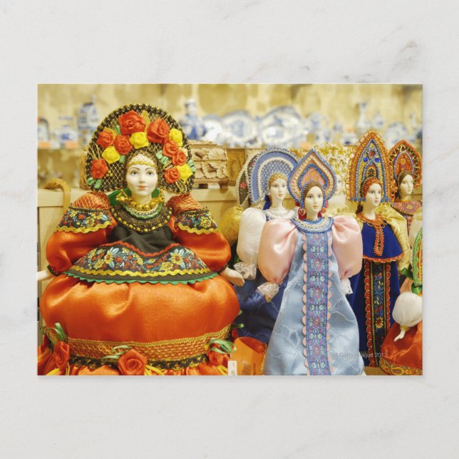 Dolls in traditional Russian costumes displayed Postcard (Front)